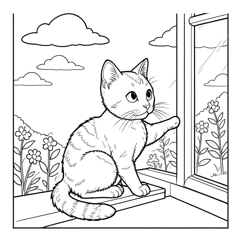 Một con mèo mướp nhỏ ngồi yên bình trên bệ cửa sổ, một bàn chân nhẹ nhàng đặt trên khung gỗ. Đầu của con mèo hơi quay về phía cửa sổ, tai nghiêng về phía trước khi nó quan sát thứ gì đó bên ngoài. Ánh nắng dịu nhẹ chiếu qua kính, đổ bóng nhẹ nhàng lên bộ lông mèo. Phía trên, một vài đám mây trắng trôi trên bầu trời quang đãng. Bố cục được cân bằng với con mèo được đặt hơi lệch tâm, tạo ra sự thú vị về thị giác trong khi vẫn duy trì tính thẩm mỹ đơn giản, sạch sẽ. Đuôi mèo uốn cong duyên dáng quanh cơ thể và toàn bộ khung cảnh được thể hiện bằng những đường viền rõ ràng, táo bạo không có bóng mờ hay màu sắc. Một khung cảnh khu vườn đơn giản có thể được nhìn thấy bên ngoài cửa sổ, với một vài bông hoa và lá làm tăng thêm bầu không khí yên bình. Các yếu tố nền tối giản và không phô trương, tập trung vào chú mèo độc thân, đáng yêu., trang màu, nghệ thuật đường nét, nền trắng