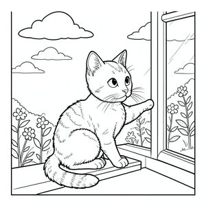 Một con mèo mướp nhỏ ngồi yên bình trên bệ cửa sổ, một bàn chân nhẹ nhàng đặt trên khung gỗ. Đầu của con mèo hơi quay về phía cửa sổ, tai nghiêng về phía trước khi nó quan sát thứ gì đó bên ngoài. Ánh nắng dịu nhẹ chiếu qua kính, đổ bóng nhẹ nhàng lên bộ lông mèo. Phía trên, một vài đám mây trắng trôi trên bầu trời quang đãng. Bố cục được cân bằng với con mèo được đặt hơi lệch tâm, tạo ra sự thú vị về thị giác trong khi vẫn duy trì tính thẩm mỹ đơn giản, sạch sẽ. Đuôi mèo uốn cong duyên dáng quanh cơ thể và toàn bộ khung cảnh được thể hiện bằng những đường viền rõ ràng, táo bạo không có bóng mờ hay màu sắc. Một khung cảnh khu vườn đơn giản có thể được nhìn thấy bên ngoài cửa sổ, với một vài bông hoa và lá làm tăng thêm bầu không khí yên bình. Các yếu tố nền tối giản và không phô trương, tập trung vào chú mèo độc thân, đáng yêu., trang màu, nghệ thuật đường nét, nền trắng