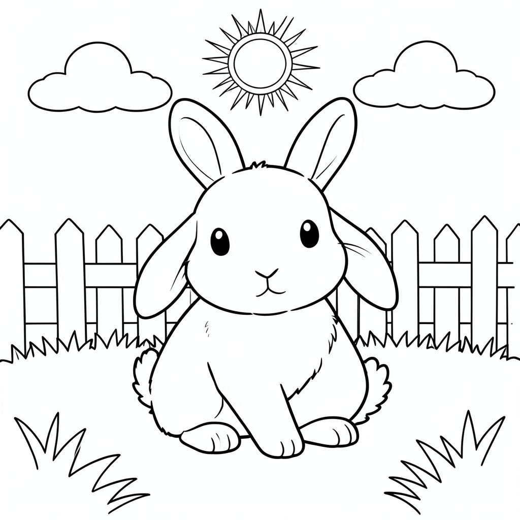 Một con thỏ trắng nhỏ ngồi yên bình trong khu vườn đầy nắng. Thỏ có một đầu tròn với đôi tai dài mềm mại, thân hình trắng mềm và đuôi nhỏ xíu mịn. Tai của nó được đặt trên đỉnh đầu, và nó ngồi với một bàn chân trước nhẹ nhàng chạm đất. Khu vườn có hàng rào gỗ đơn giản ở hậu cảnh, cỏ mềm và mặt trời chiếu sáng phía trên. Một vài đám mây trắng lơ lửng trên bầu trời. Bố cục được cân bằng với chú thỏ ở giữa cảnh, được bao quanh bởi các yếu tố nhẹ nhàng, vui vẻ. Hình dạng của con thỏ được phác thảo bằng những đường nét đơn giản, sạch sẽ, không đổ bóng hay màu sắc., tô màu, nghệ thuật đường nét, nền trắng