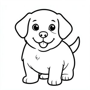 Một chú chó săn mồi mũm mĩm với đôi tai tròn vung về phía trước, chiếc mũi nhỏ và nụ cười ngốc nghếch để lộ ba chiếc răng nhỏ. Chú chó con có những đường viền dày đậm cho bộ lông, một cái đuôi hình tam giác nhỏ nhô thẳng lên và hai con mắt tròn lớn với con ngươi nhỏ. Cơ thể đầy đặn và tròn trịa với đôi chân ngắn mập mạp, đôi tai mềm nhỏ treo ở hai bên đầu. Phần đuôi hơi cong ở cuối và toàn bộ nhân vật có những đường nét đậm dày xuyên suốt không có nền hay chi tiết. Chú chó con trông vui vẻ và thân thiện với biểu cảm vui vẻ và lưỡi nhỏ ló ra., tô màu, nghệ thuật đường nét, nền trắng