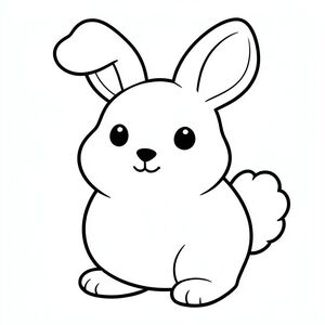 Một chú thỏ tròn mũm mĩm với đôi tai to mềm, đôi mắt nhỏ và chiếc mũi nhỏ. Chú thỏ có nụ cười dễ thương và cái đuôi bồng bềnh. Tất cả các đường đều dày và đậm, không có đường viền. Toàn bộ hình ảnh có màu trắng không có bóng hoặc màu. Đơn giản và đáng yêu., tô màu, nghệ thuật đường nét, nền trắng