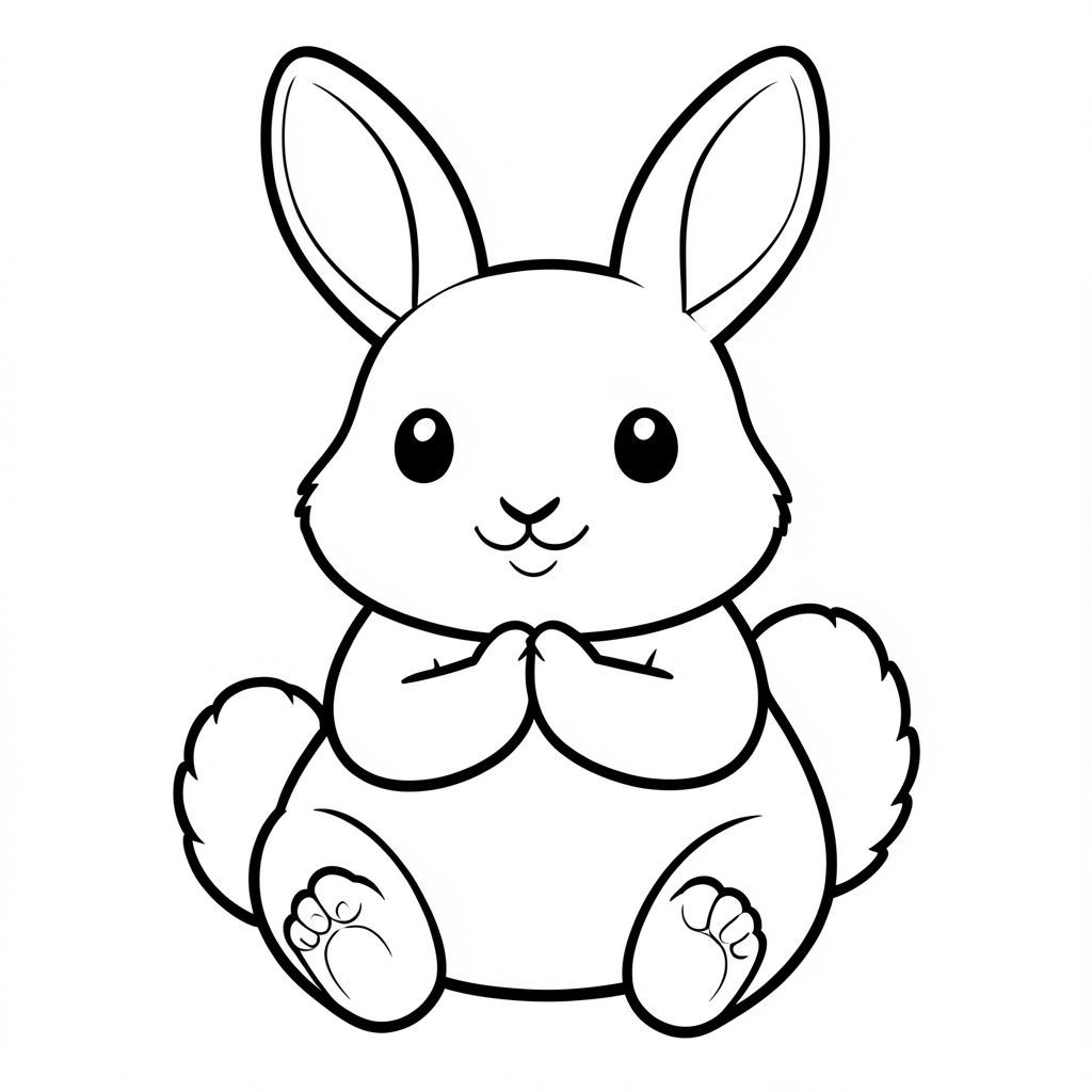 Một chú thỏ mũm mĩm với đôi tai tròn to nhô lên cao, đôi mắt nhỏ tròn và, một chiếc mũi nhỏ chỉ là một hình tam giác nhỏ, và một cái đuôi trắng mịn sưng và tròn. Chú thỏ có đôi tai to mềm mại và âu yếm, nụ cười ngọt ngào với cái miệng nhỏ. Cơ thể đầy đặn và tròn trịa, với đôi chân nhỏ xíu và dễ thương. Tai của chú thỏ dài và mềm, và toàn bộ con vật trông rất mềm mại, âu yếm và hạnh phúc. Các đường nét dày và đậm, không có thêm chi tiết, chỉ có hình dáng đơn giản của một chú thỏ dễ thương. Con thỏ đang ngồi trên hai chân sau, hai bàn chân trước với nhau trong tư thế cầu nguyện nhỏ, trông thật ngọt ngào và ngây thơ. Toàn bộ con vật chỉ là một sinh vật dễ thương, mũm mĩm, thân thiện mà không có bộ phận hay chi tiết thừa. Các đường nét dày và đậm, không có bóng hay nền, chỉ có đường viền đơn giản của một chú thỏ hạnh phúc. Chú thỏ không có răng, không móng vuốt, không có đặc điểm phụ, chỉ có khuôn mặt đơn giản, đáng yêu, mũm mĩm với đôi mắt to và nụ cười dễ thương. Đôi tai dài và mềm mại, và toàn bộ con vật trông rất mềm mại, âu yếm và hạnh phúc. Các đường nét dày và đậm, không có thêm chi tiết, chỉ có hình dáng đơn giản của một chú thỏ dễ thương. Con thỏ đang ngồi trên hai chân sau, hai bàn chân trước với nhau trong tư thế cầu nguyện nhỏ, trông thật ngọt ngào và ngây thơ. Toàn bộ con vật chỉ là một sinh vật dễ thương, mũm mĩm, thân thiện mà không có bộ phận hay chi tiết thừa. Các đường nét dày và đậm, không có bóng hay nền, chỉ có đường viền đơn giản của một chú thỏ hạnh phúc. Chú thỏ không có răng, không móng vuốt, không có đặc điểm phụ, chỉ có khuôn mặt đơn giản, đáng yêu, mũm mĩm với đôi mắt to và nụ cười dễ thương. Đôi tai dài và mềm mại, và toàn bộ con vật trông rất mềm mại, âu yếm và hạnh phúc., tô màu, nghệ thuật đường nét, nền trắng