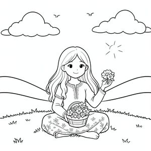 Một cô gái trẻ với mái tóc dài bồng bềnh ngồi khoanh chân trên bãi cỏ mềm mại dưới bầu trời đầy nắng. Những đám mây trắng mịn trôi lười biếng trên đầu. Cô mặc một chiếc váy truyền thống đơn giản với hoa văn tinh tế và cầm một chiếc giỏ gỗ nhỏ chứa đầy hoa tươi. Khung cảnh được đóng khung bởi những ngọn đồi thoai thoải ở hậu cảnh. Vẻ mặt của cô ấy ôn hòa và mãn nguyện. Bố cục được cân bằng hoàn hảo với cô gái ở giữa tiền cảnh, bầu trời chiếm phần trên, và phong cảnh tạo thành phần dưới. Toàn bộ hình minh họa sử dụng các đường viền rõ ràng, đậm, không có bóng hoặc màu sắc. Một vài con chim nhỏ bay ở phía xa phía trên những đám mây. Nền có các hình dạng hình học đơn giản và đường cong mềm mại. Tư thế của cô gái thoải mái và tự nhiên, với một cánh tay mở rộng cầm một bông hoa, tay kia đặt trên đùi. Khung cảnh tỏa ra sự yên tĩnh và vui vẻ., trang màu, nghệ thuật đường nét, nền trắng