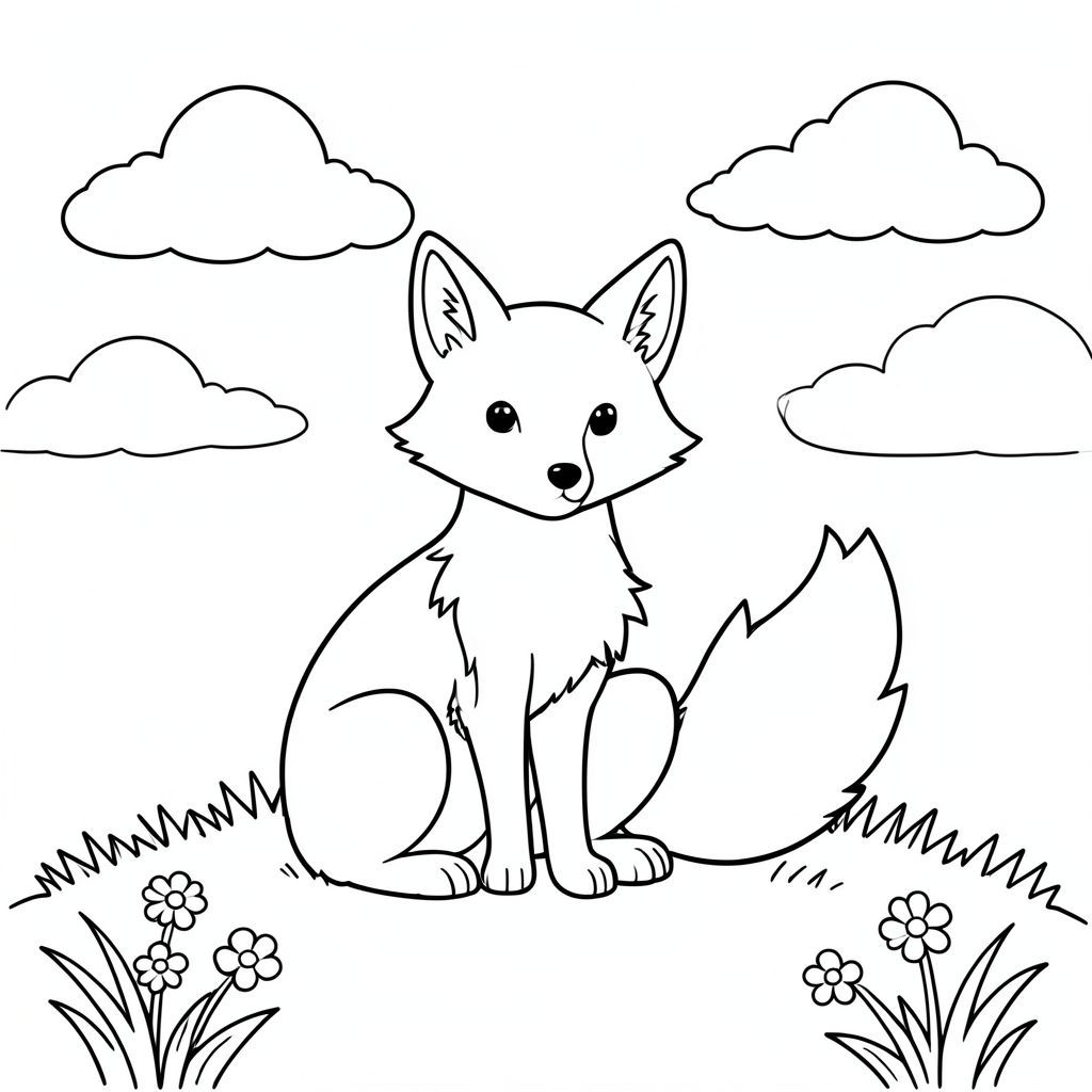 Một con cáo duy nhất ngồi yên bình trên một ngọn đồi cỏ dưới bầu trời đầy nắng. Cáo có một đầu với tai nhọn, mũi nhỏ và đuôi rậm rạp. Những đám mây trắng mềm mại lơ lửng trên bầu trời quang đãng. Cơ thể của cáo được phác thảo bằng những đường nét gọn gàng, không có bóng râm. Một vài bông hoa nhỏ rải rác trên cỏ xung quanh con cáo. Bố cục được cân bằng với con cáo ở trung tâm cảnh, được bao quanh bởi ánh nắng dịu nhẹ và những đám mây mịn. Con cáo xuất hiện bình tĩnh và hài lòng trong hình minh họa theo phong cách truyện đơn giản này., trang màu, nghệ thuật đường nét, nền trắng