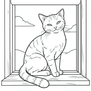 Một con mèo mướp đơn độc ngồi đậu trên bệ cửa sổ, cơ thể bóng bẩy của nó nằm chéo trên khung hình. Đầu của con mèo hơi quay về phía người xem, tai chĩa về phía trước, mắt nửa nhắm lại trong sự mãn nguyện. Đuôi của nó uốn cong duyên dáng quanh bàn chân của mèo, tạo ra một vòng cung nhẹ nhàng cân bằng bố cục. Cơ thể của mèo tròn trịa và mềm, với các dấu mướp đặc biệt có thể nhìn thấy rõ ràng dọc theo hai bên và chân. Cửa sổ phía sau con mèo cho thấy bầu trời quang đãng với một vài đám mây trắng trôi qua. Bàn chân của con mèo đặt chắc chắn trên gờ cửa sổ bằng gỗ, móng vuốt phía trước của nó nhẹ nhàng mở rộng. Tổng thể khung cảnh yên bình và thanh bình, với chú mèo được đặt ở trung tâm bố cục, tạo ra sự cân bằng thị giác hoàn hảo. Nền là tối thiểu, chỉ hiển thị khung cửa sổ đơn giản và bầu trời xa xăm, cho phép hình dạng của con mèo trở thành tâm điểm chú ý duy nhất. Tư thế của con mèo cho thấy sự tò mò bình tĩnh, như thể nó đang quan sát điều gì đó thú vị bên ngoài cửa sổ. Các đường nét rõ ràng của hình minh họa nhấn mạnh hình bóng duyên dáng của chú mèo trên nền bầu trời dịu dàng. Bố cục được cân bằng hoàn hảo với cơ thể mèo tạo thành một đường chéo nhẹ nhàng thu hút ánh nhìn qua cảnh. Khung gỗ của cửa sổ tạo ra ranh giới tự nhiên tạo khung hình dạng của mèo mà không làm nó choáng ngợp. Biểu cảm của con mèo rất bình thản, không có dấu hiệu căng thẳng hay tỉnh táo, chỉ có sự thỏa mãn thầm lặng của một con mèo được cho ăn đầy đủ trong một sự thoải mái. Toàn bộ khung cảnh tỏa ra sự yên tĩnh và ấm áp nhẹ nhàng., trang màu, nghệ thuật đường nét, nền trắng