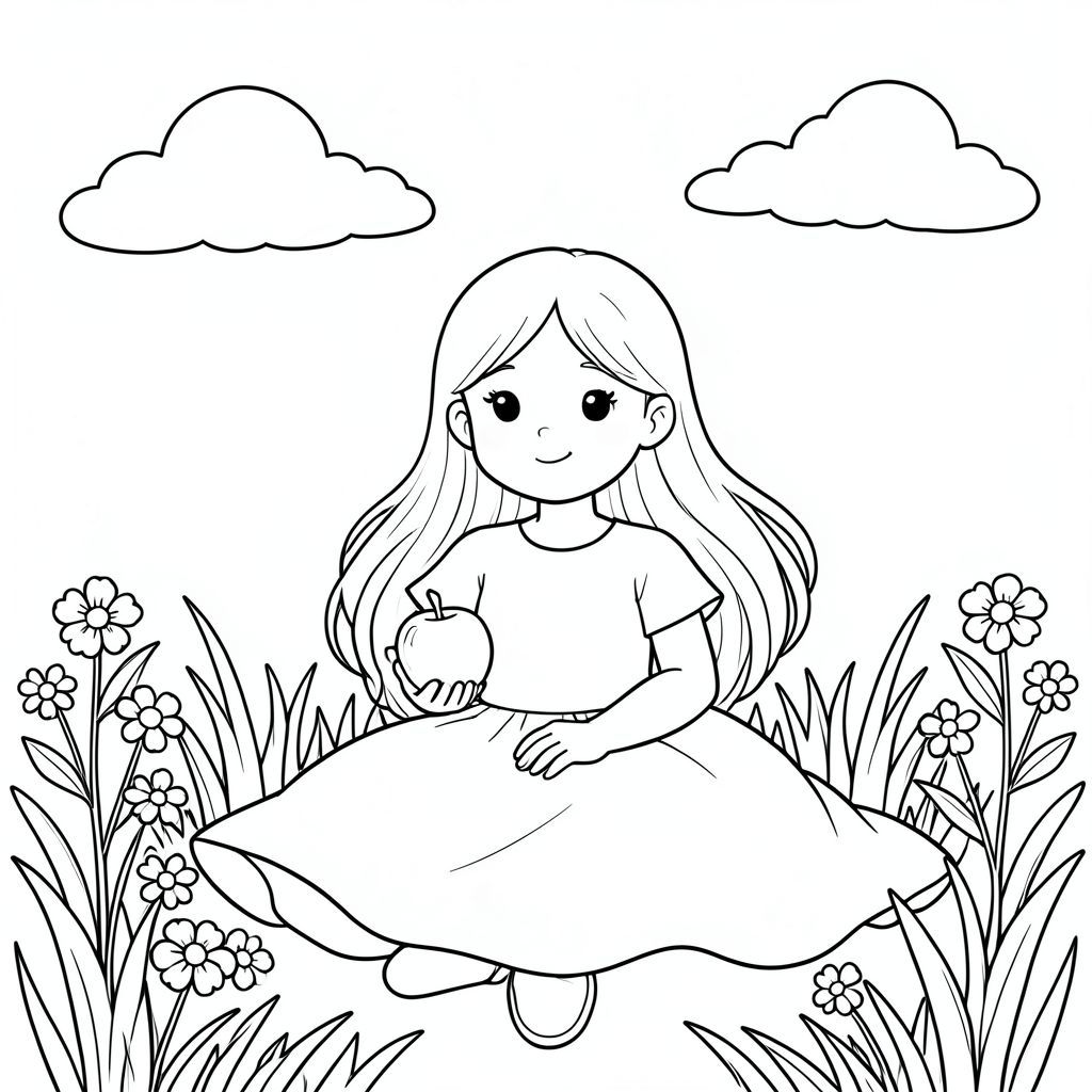 Một cô gái trẻ với mái tóc vàng dài ngồi dưới ánh mặt trời, chiếc váy trắng của cô ấy bay xung quanh cô ấy như tuyết. Những đám mây mềm mại trôi trên đầu cô trên bầu trời quang đãng. Cô ấy cầm một quả táo trong một tay, tay kia nhẹ nhàng đặt trên đùi. Khung cảnh được bao quanh bởi những bông hoa vườn dịu dàng và cỏ cao. Khuôn mặt của cô ấy thể hiện sự mãn nguyện yên bình khi cô ấy tận hưởng ánh nắng ấm áp. Bố cục cân bằng hình dáng của cô với bầu trời rộng mở và thiên nhiên xung quanh. Những đường nét đơn giản xác định hình dạng của cô ấy, không có bóng hoặc chi tiết phức tạp. Nền có hình dạng mềm mại, sạch sẽ bổ sung cho sự hiện diện dịu dàng của cô ấy. Đuôi của cô ấy nhỏ và mỏng manh, phù hợp với vẻ ngoài ngây thơ của cô ấy. Toàn bộ khung cảnh tỏa ra sự tĩnh lặng và thanh thản., trang màu, nghệ thuật đường nét, nền trắng