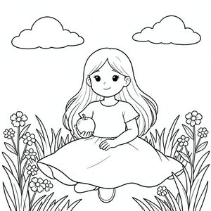 Một cô gái trẻ với mái tóc vàng dài ngồi dưới ánh mặt trời, chiếc váy trắng của cô ấy bay xung quanh cô ấy như tuyết. Những đám mây mềm mại trôi trên đầu cô trên bầu trời quang đãng. Cô ấy cầm một quả táo trong một tay, tay kia nhẹ nhàng đặt trên đùi. Khung cảnh được bao quanh bởi những bông hoa vườn dịu dàng và cỏ cao. Khuôn mặt của cô ấy thể hiện sự mãn nguyện yên bình khi cô ấy tận hưởng ánh nắng ấm áp. Bố cục cân bằng hình dáng của cô với bầu trời rộng mở và thiên nhiên xung quanh. Những đường nét đơn giản xác định hình dạng của cô ấy, không có bóng hoặc chi tiết phức tạp. Nền có hình dạng mềm mại, sạch sẽ bổ sung cho sự hiện diện dịu dàng của cô ấy. Đuôi của cô ấy nhỏ và mỏng manh, phù hợp với vẻ ngoài ngây thơ của cô ấy. Toàn bộ khung cảnh tỏa ra sự tĩnh lặng và thanh thản., trang màu, nghệ thuật đường nét, nền trắng
