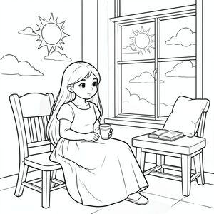 Một cô bé Lọ Lem ngồi bên cửa sổ trong một căn phòng ấm cúng, khuôn mặt dịu dàng của cô ấy được chiếu sáng bởi buổi sáng dịu dàng chảy qua các ô kính. Cô ấy mặc một chiếc váy đơn giản và có mái tóc dài xõa xuống lưng. Bên ngoài cửa sổ, mặt trời chiếu sáng trên những đám mây trắng mịn trôi trên bầu trời quang đãng. Phòng có ghế gỗ, bàn nhỏ có sách và ghế cửa sổ với đệm mềm. Đuôi của cô ấy được nhét gọn gàng bên dưới, và cô ấy cầm một cốc nước nhỏ trong khi tay kia nhẹ nhàng đặt trên đùi. Bố cục cân bằng sự ấm áp từ cửa sổ với bóng mát do đồ nội thất tạo ra, tạo ra một khung cảnh yên bình, đầy hy vọng. Toàn bộ hình minh họa sử dụng các đường nét đơn giản, sạch sẽ, không có bóng mờ hay màu sắc, tập trung hoàn toàn vào hình dạng độc đáo của nhân vật Lọ Lem trong bối cảnh nhẹ nhàng, gia đình của cô ấy., trang màu, nghệ thuật đường nét, nền trắng