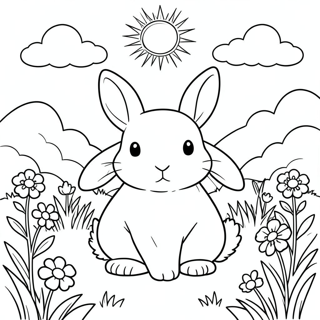 Một con thỏ trắng nhỏ ngồi yên bình trong khu vườn đầy nắng. Thỏ có một đầu tròn với đôi tai dài mềm mại, thân hình trắng mềm và đuôi nhỏ lông tơ. Tai của nó được đặt thẳng đứng với những đường cong nhẹ nhàng. Cơ thể thỏ tròn trịa và nhỏ gọn với đôi chân mỏng manh. Khu vườn có cỏ mềm, một vài bông hoa nở rộ và mặt trời chiếu trên đầu. Một vài đám mây trắng lơ lửng trên bầu trời phía trên. Bố cục được cân bằng với chú thỏ ở giữa cảnh, được bao quanh bởi các yếu tố tự nhiên nhẹ nhàng. Đường viền sạch sẽ và đơn giản, không có bóng hoặc màu sắc. Hình dạng của con thỏ được xác định rõ ràng với tỷ lệ giải phẫu thích hợp - một đầu, một cơ thể, một đuôi. Khung cảnh yên bình và vui tươi, không có yếu tố đáng sợ hay bạo lực. Nền bao gồm các yếu tố sân vườn đơn giản và bầu trời với hình dạng tròn mềm, mềm. Toàn bộ hình minh họa duy trì các đường nét sạch sẽ và tính thẩm mỹ trong truyện không có hoặc màu sắc., trang màu, nghệ thuật đường nét, nền trắng