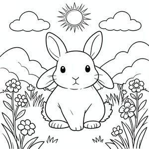 Một con thỏ trắng nhỏ ngồi yên bình trong khu vườn đầy nắng. Thỏ có một đầu tròn với đôi tai dài mềm mại, thân hình trắng mềm và đuôi nhỏ lông tơ. Tai của nó được đặt thẳng đứng với những đường cong nhẹ nhàng. Cơ thể thỏ tròn trịa và nhỏ gọn với đôi chân mỏng manh. Khu vườn có cỏ mềm, một vài bông hoa nở rộ và mặt trời chiếu trên đầu. Một vài đám mây trắng lơ lửng trên bầu trời phía trên. Bố cục được cân bằng với chú thỏ ở giữa cảnh, được bao quanh bởi các yếu tố tự nhiên nhẹ nhàng. Đường viền sạch sẽ và đơn giản, không có bóng hoặc màu sắc. Hình dạng của con thỏ được xác định rõ ràng với tỷ lệ giải phẫu thích hợp - một đầu, một cơ thể, một đuôi. Khung cảnh yên bình và vui tươi, không có yếu tố đáng sợ hay bạo lực. Nền bao gồm các yếu tố sân vườn đơn giản và bầu trời với hình dạng tròn mềm, mềm. Toàn bộ hình minh họa duy trì các đường nét sạch sẽ và tính thẩm mỹ trong truyện không có hoặc màu sắc., trang màu, nghệ thuật đường nét, nền trắng