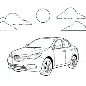 Một chiếc sedan bóng bẩy đậu dưới bầu trời đầy nắng rải rác với những đám mây trắng mịn. Thân xe mịn màng, tròn trịa bắt đầu với những đường nét gọn gàng, đơn giản. Đèn pha duy nhất của nó phát sáng nhẹ nhàng và đèn hậu phía sau tỏa sáng đều đặn. Chiếc xe nằm trên một bề mặt phẳng, nhẵn với bóng nhẹ bên dưới. Phía trên, mặt trời tỏa ra ánh sáng ấm áp khắp khung cảnh. Bố cục cân bằng hình dáng của chiếc xe với bầu trời rộng mở, tạo ra một hình ảnh yên bình, hài hòa. Thiết kế của chiếc xe nhấn mạnh vào các hình dạng hình học, sạch sẽ, không có chi tiết phức tạp. Các đường nét đơn giản, mềm mại xác định hình bóng của chiếc xe trên nền rõ ràng. Khung cảnh tổng thể gợi lên sự bình tĩnh và đơn giản., trang màu, nghệ thuật đường nét, nền trắng