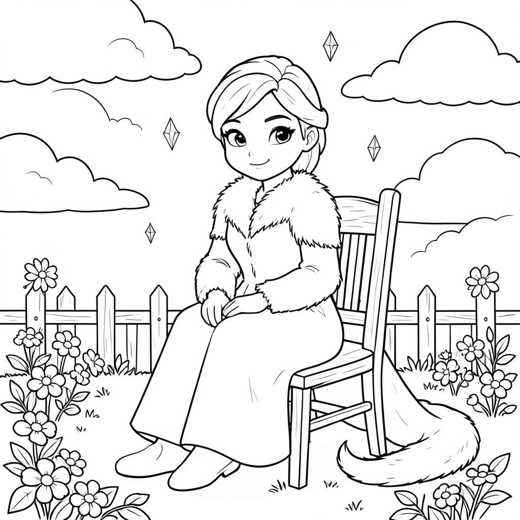 Elsa ngồi duyên dáng trên một chiếc ghế gỗ dưới bầu trời đầy nắng tràn ngập những đám mây trắng mềm mại. Bộ lông băng của cô ấy phát sáng nhẹ nhàng trong sự ấm áp, với những điểm nổi bật tinh tế đón ánh sáng mặt trời. Bối cảnh đơn giản thể hiện khung cảnh khu vườn yên bình với hàng rào gỗ nhỏ và hoa nở rộ. Đầu duy nhất của cô ấy được đặt thẳng đứng với đôi mắt dịu dàng nhìn về phía người xem, trong khi cái đuôi dài của cô ấy uốn cong gọn gàng bên cạnh. Bố cục cân bằng ánh nắng ấm áp tạo ra những bóng dịu dàng, tạo ra một bầu không khí thanh bình và huyền ảo. Cơ thể cô ấy được đặt trong tư thế thư giãn, với một bàn chân đặt trên đùi. Toàn bộ cảnh duy trì các đường nét rõ ràng, đơn giản, không có chi tiết phức tạp hoặc . Phong cách phác thảo kính màu tạo ra chất lượng thơ mộng, truyện nhấn mạnh hình dáng thanh lịch của cô ấy. Một vài tinh thể băng trôi nổi làm tăng thêm chủ đề kỳ diệu mà không làm xáo trộn tâm trạng yên bình. Các yếu tố nền tối thiểu nhưng đủ để tạo ra một khung cảnh hoàn chỉnh, hài hòa., trang màu, nghệ thuật đường nét, nền trắng