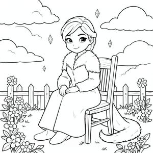 Elsa ngồi duyên dáng trên một chiếc ghế gỗ dưới bầu trời đầy nắng tràn ngập những đám mây trắng mềm mại. Bộ lông băng của cô ấy phát sáng nhẹ nhàng trong sự ấm áp, với những điểm nổi bật tinh tế đón ánh sáng mặt trời. Bối cảnh đơn giản thể hiện khung cảnh khu vườn yên bình với hàng rào gỗ nhỏ và hoa nở rộ. Đầu duy nhất của cô ấy được đặt thẳng đứng với đôi mắt dịu dàng nhìn về phía người xem, trong khi cái đuôi dài của cô ấy uốn cong gọn gàng bên cạnh. Bố cục cân bằng ánh nắng ấm áp tạo ra những bóng dịu dàng, tạo ra một bầu không khí thanh bình và huyền ảo. Cơ thể cô ấy được đặt trong tư thế thư giãn, với một bàn chân đặt trên đùi. Toàn bộ cảnh duy trì các đường nét rõ ràng, đơn giản, không có chi tiết phức tạp hoặc . Phong cách phác thảo kính màu tạo ra chất lượng thơ mộng, truyện nhấn mạnh hình dáng thanh lịch của cô ấy. Một vài tinh thể băng trôi nổi làm tăng thêm chủ đề kỳ diệu mà không làm xáo trộn tâm trạng yên bình. Các yếu tố nền tối thiểu nhưng đủ để tạo ra một khung cảnh hoàn chỉnh, hài hòa., trang màu, nghệ thuật đường nét, nền trắng