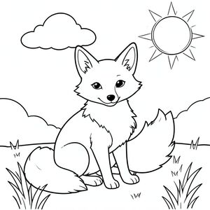 Một con cáo ngồi bình tĩnh trên đồng cỏ đầy nắng. Con cáo có một cái đuôi rậm rạp uốn cong nhẹ nhàng phía sau và đôi tai nhọn của nó hướng về phía trước. Cơ thể của cáo tròn trịa và mềm mại, với một bộ ngực màu trắng đặc biệt . Một đám mây nhỏ lơ lửng trên đầu con cáo, và mặt trời chiếu rực rỡ ở góc trên bên phải của cảnh. Đôi mắt của con cáo dịu dàng và tò mò, nhìn về phía người xem. Bố cục được cân bằng với con cáo ở giữa khung hình, được bao quanh bởi cỏ đơn giản và bầu trời mềm mại. Bộ lông của cáo được chi tiết với các đường nét đơn giản, gọn gàng thể hiện kết cấu tự nhiên của nó. Nền không chứa các yếu tố bổ sung, chỉ có mặt trời, đám mây và bầu trời rộng mở cơ bản. Con cáo tỏ ra mãn nguyện và bình yên, không có dấu hiệu đau khổ hay nguy hiểm. Toàn bộ khung cảnh duy trì bầu không khí ấm áp, thân thiện với các đường nét sạch sẽ, gọn gàng và hình dạng đơn giản., trang màu, nghệ thuật đường nét, nền trắng