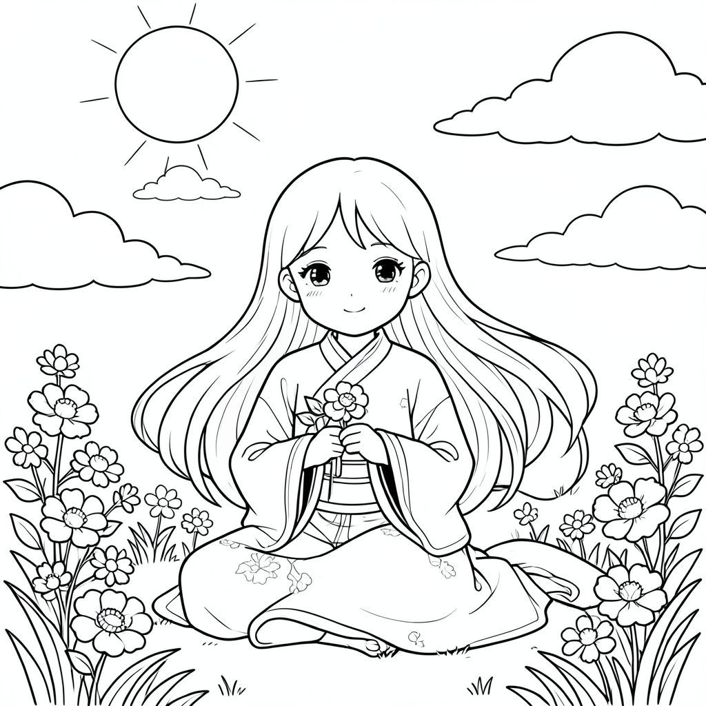 Một cô gái trẻ với mái tóc dài bồng bềnh ngồi dưới bầu trời đầy nắng rải rác với những đám mây trắng mềm mại. Cô mặc trang phục truyền thống của Trung Quốc với họa tiết đơn giản. Vẻ mặt của cô ấy dịu dàng và bình yên khi cô ấy cầm một bông hoa nhỏ trên tay. Khung cảnh có một khu vườn yên bình với những bông hoa nở rộ và cỏ hiền hòa. Bố cục được cân bằng với cô gái ở giữa khung hình, mặt trời nằm ở góc trên, và những đám mây nằm rải rác trên bầu trời. Đuôi của cô ấy có thể nhìn thấy, uốn lượn duyên dáng phía sau cô ấy. Toàn bộ hình minh họa sử dụng các đường nét đơn giản, gọn gàng, không có bóng mờ hoặc màu sắc. Nền cho thấy chất lượng mềm mại, mơ mộng không có cạnh khắc nghiệt hoặc chi tiết phức tạp. Tâm trạng tổng thể thanh thản và hy vọng, không có yếu tố tiêu cực., tô màu, nghệ thuật đường nét, nền trắng