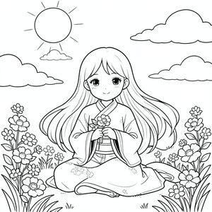 Một cô gái trẻ với mái tóc dài bồng bềnh ngồi dưới bầu trời đầy nắng rải rác với những đám mây trắng mềm mại. Cô mặc trang phục truyền thống của Trung Quốc với họa tiết đơn giản. Vẻ mặt của cô ấy dịu dàng và bình yên khi cô ấy cầm một bông hoa nhỏ trên tay. Khung cảnh có một khu vườn yên bình với những bông hoa nở rộ và cỏ hiền hòa. Bố cục được cân bằng với cô gái ở giữa khung hình, mặt trời nằm ở góc trên, và những đám mây nằm rải rác trên bầu trời. Đuôi của cô ấy có thể nhìn thấy, uốn lượn duyên dáng phía sau cô ấy. Toàn bộ hình minh họa sử dụng các đường nét đơn giản, gọn gàng, không có bóng mờ hoặc màu sắc. Nền cho thấy chất lượng mềm mại, mơ mộng không có cạnh khắc nghiệt hoặc chi tiết phức tạp. Tâm trạng tổng thể thanh thản và hy vọng, không có yếu tố tiêu cực., tô màu, nghệ thuật đường nét, nền trắng