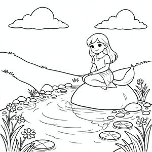 Ariel trẻ tuổi ngồi duyên dáng trên một tảng đá nhẵn bên cạnh một dòng suối thoai thoải. Dòng suối chảy êm đềm qua khung cảnh, phản chiếu ánh nắng dịu nhẹ phía trên. Một vài đám mây trắng lười biếng trôi trên bầu trời. Lòng suối nằm rải rác với những viên sỏi nhỏ nhẵn và một vài mảng hoa huệ nổi trên mặt nước. Cảnh được cân bằng với Ariel được đặt hơi lệch tâm, tạo ra một bố cục yên bình. Dòng suối chảy từ trái sang phải, với những gợn sóng nhẹ nhàng thể hiện sự chuyển động của nước. Một vài bông hoa nhỏ mọc dọc theo mép suối. Toàn bộ khung cảnh được phác thảo bằng những đường nét đơn giản, gọn gàng, chỉ thể hiện những yếu tố cần thiết để tạo ra một khoảnh khắc truyện hài hòa. Đuôi của Ariel được đặt ở vị trí thanh lịch, thể hiện đường cong duyên dáng của cô ấy. Nền vẫn đơn giản và gọn gàng, tập trung hoàn toàn vào khung cảnh nước yên bình., tô màu, nghệ thuật đường nét, nền trắng