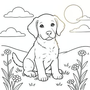 Một chú chó săn mồi ngồi yên bình trên đồng cỏ đầy nắng. Đầu chó hơi quay về phía người xem, tai nhẹ nhàng vỗ lên, đôi mắt dịu dàng và thân thiện. Đuôi của nó chậm rãi vẫy vẫy trong làn gió nhẹ. Hậu cảnh có bầu trời quang đãng với một vài đám mây trắng trôi qua. Một vài bông hoa dại rải rác trên cỏ xung quanh bàn chân của. Bố cục được cân bằng với chú chó ở giữa cảnh, mặt trời chiếu ánh sáng ấm áp từ góc trên bên phải. Bộ lông của chó con được thể hiện bằng những đường nét đơn giản, gọn gàng, không có bóng râm hay màu sắc. Toàn bộ khung cảnh được phác thảo bằng những đường nét rõ ràng trên nền trắng, tạo nên một hình minh họa truyện hoàn hảo. Biểu cảm của bình tĩnh và mãn nguyện, không có dấu hiệu đau khổ hay hung dữ. Môi trường đơn giản chỉ bao gồm các yếu tố cần thiết để tạo ra một khung cảnh yên bình, lành mạnh. Mặt trời xuất hiện dưới dạng hình tròn trên bầu trời, và những đám mây tròn nhẹ nhàng không có cạnh gồ ghề. Cỏ dưới bàn chân của chó được thể hiện bằng những đường nét đơn giản, sạch sẽ, không có kết cấu hay màu sắc. Bố cục tổng thể duy trì sự cân bằng hoàn hảo với là tâm điểm duy nhất của hình minh họa., trang màu, nghệ thuật đường nét, nền trắng