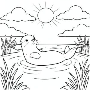 Một con rái cá tinh nghịch trôi nổi trên lưng trong một dòng suối nhẹ nhàng. Những đám mây mềm mại trôi trên bầu trời đầy nắng phía trên. Lau sậy và cây ven sông đơn giản nằm dọc theo mép nước. Rái cá có một đầu, một thân duy nhất và một đuôi duy nhất. Các đường nét sạch sẽ xác định hình dạng của nó, sẵn sàng để tô màu. Bố cục cân bằng., trang màu, nghệ thuật đường nét, nền trắng