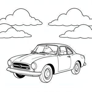 Một chiếc xe cổ điển, kiểu dáng đẹp nằm trong ánh nắng ấm áp. Những đám mây trắng mịn lười biếng trôi dạt trên bầu trời phía trên. Chiếc xe được đặt ở vị trí trung tâm, một hình bóng đơn giản trên nền thoáng đãng. Tập trung tô màu những đường cong mượt mà của thân xe và hình dạng nhẹ nhàng của những đám mây., tô màu, line art, nền trắng