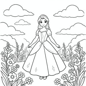 Một Elsa duyên dáng đứng trong một khu vườn đầy nắng. Những đám mây dịu dàng trôi trên bầu trời phía trên. Những bông hoa nở quanh chân cô ấy. Các đường nét sạch sẽ xác định hình dạng của cô ấy, hoàn hảo để tô màu. Bố cục cân bằng, với Elsa ở giữa khung cảnh đơn giản, vui vẻ., trang màu, nghệ thuật đường nét, nền trắng