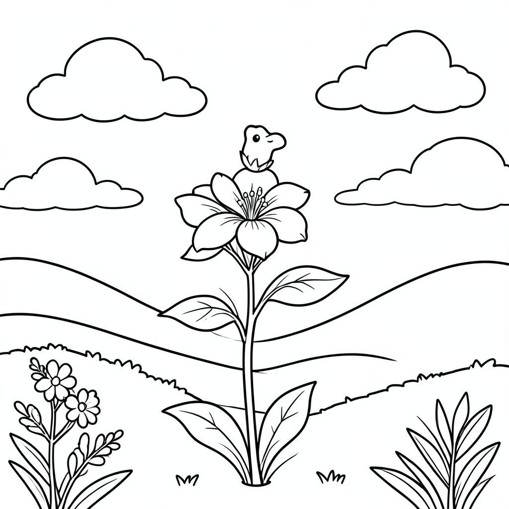 Một bông hoa nhài mỏng manh đứng trong một khu vườn ngập tràn ánh nắng. Những đám mây mịn lười biếng trôi dạt trên bầu trời. Hình dáng hoa đơn giản và những ngọn đồi thoai thoải tạo thành một khung cảnh yên bình. Hoa nhài được phác thảo bằng những đường nét rõ ràng, đậm, sẵn sàng để tô màu. Đuôi dài của nó uốn cong duyên dáng phía sau và cái đầu duy nhất của nó được giơ cao với sự tò mò nhẹ nhàng. Một cảnh hoàn hảo cho trải nghiệm tô màu êm dịu., tô màu, nghệ thuật đường nét, nền trắng