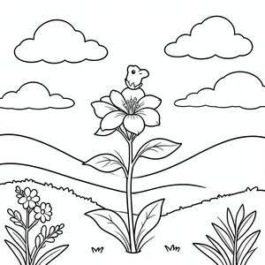 Một bông hoa nhài mỏng manh đứng trong một khu vườn ngập tràn ánh nắng. Những đám mây mịn lười biếng trôi dạt trên bầu trời. Hình dáng hoa đơn giản và những ngọn đồi thoai thoải tạo thành một khung cảnh yên bình. Hoa nhài được phác thảo bằng những đường nét rõ ràng, đậm, sẵn sàng để tô màu. Đuôi dài của nó uốn cong duyên dáng phía sau và cái đầu duy nhất của nó được giơ cao với sự tò mò nhẹ nhàng. Một cảnh hoàn hảo cho trải nghiệm tô màu êm dịu., tô màu, nghệ thuật đường nét, nền trắng