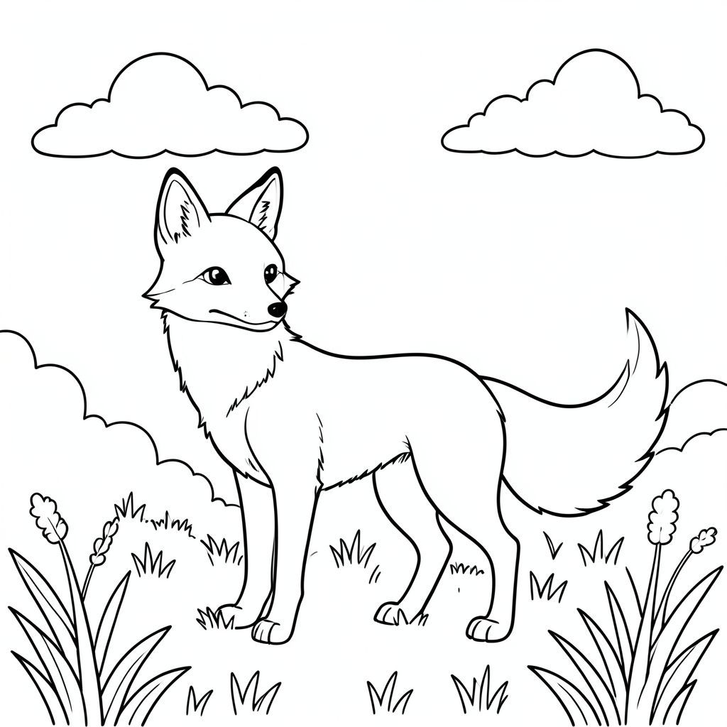 Một con cáo tạo dáng duyên dáng đứng trên đồng cỏ đầy nắng. Những đường cong nhẹ nhàng xác định hình dạng của nó, với một cái đuôi dài, rậm rạp quét phía sau. Những đám mây mềm mại trôi trên cao, tạo nên bầu không khí yên bình. Bố cục cân bằng, cho phép không gian rộng rãi xung quanh cáo để tô màu. Những đường nét đơn giản tạo nên hình ảnh sạch sẽ, hấp dẫn cho các nghệ sĩ trẻ., tô màu, line art, nền trắng