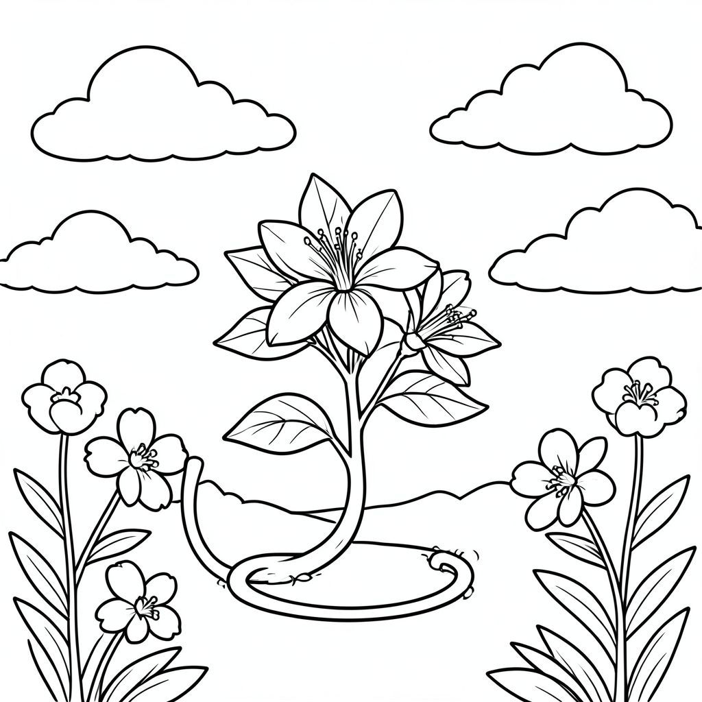 Một bông hoa nhài mỏng manh đứng trong một khu vườn ngập tràn ánh nắng. Những đám mây mịn lười biếng trôi dạt trên bầu trời. Hình dáng hoa đơn giản và thân cây uốn lượn nhẹ nhàng bao quanh Hoa nhài, tạo nên khung cảnh yên bình và hấp dẫn. Hoa nhài được phác thảo với những đường nét rõ ràng, đậm, hoàn hảo để tô màu. Đuôi dài của nó cuộn tròn tinh nghịch quanh bàn chân. Tập trung vào việc làm cho Hoa nhài duy nhất này trở nên sống động với màu sắc yêu thích của bạn!, trang màu, nghệ thuật đường nét, nền trắng