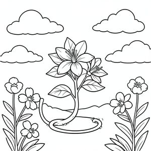 Một bông hoa nhài mỏng manh đứng trong một khu vườn ngập tràn ánh nắng. Những đám mây mịn lười biếng trôi dạt trên bầu trời. Hình dáng hoa đơn giản và thân cây uốn lượn nhẹ nhàng bao quanh Hoa nhài, tạo nên khung cảnh yên bình và hấp dẫn. Hoa nhài được phác thảo với những đường nét rõ ràng, đậm, hoàn hảo để tô màu. Đuôi dài của nó cuộn tròn tinh nghịch quanh bàn chân. Tập trung vào việc làm cho Hoa nhài duy nhất này trở nên sống động với màu sắc yêu thích của bạn!, trang màu, nghệ thuật đường nét, nền trắng