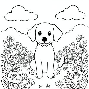 Một chú chó hạnh phúc ngồi trong một khu vườn đầy nắng với những bông hoa nở rộ. Những đám mây mịn màng trôi trên bầu trời phía trên. có đôi tai mềm, đuôi vẫy vẫy và biểu cảm thân thiện. Những đường nét đơn giản xác định cánh hoa và những đường cong nhẹ nhàng của những đám mây. Bố cục cân bằng, với chú chó tập trung giữa khung cảnh khu vườn yên bình., trang màu, nghệ thuật đường nét, nền trắng