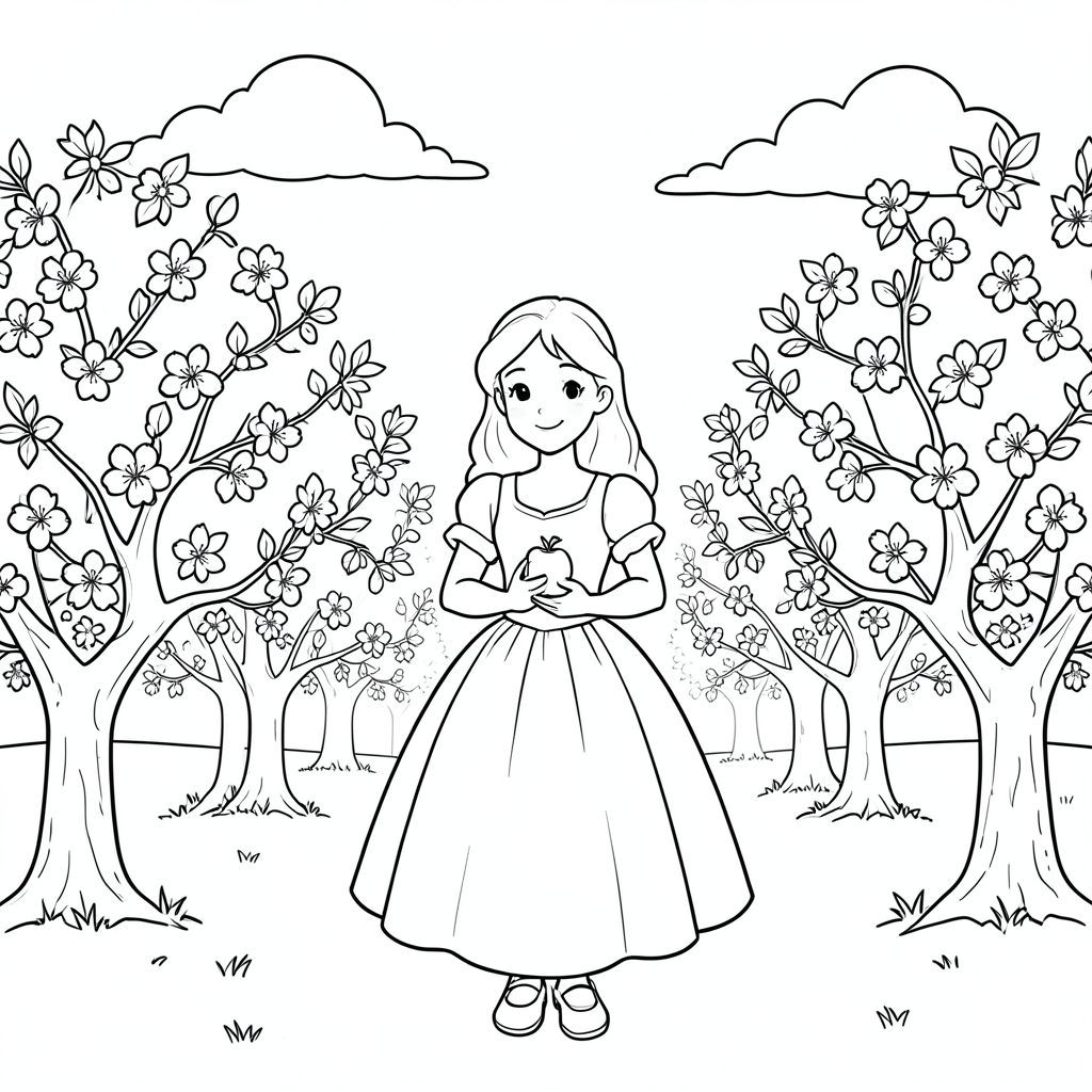 Một Bạch Tuyết vui vẻ đứng trong một vườn táo đang nở rộ. Những đám mây nhẹ nhàng trôi trên bầu trời đầy nắng. Cô ấy đang mỉm cười dịu dàng, cầm một quả táo. Những đường nét đơn giản, gọn gàng xác định hình dạng của cô ấy và những cái cây xung quanh. Bố cục cân bằng, với những cây vườn cây ăn quả đóng khung cô ấy ở hai bên., trang màu, nghệ thuật đường nét, nền trắng