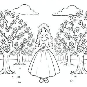 Một Bạch Tuyết vui vẻ đứng trong một vườn táo đang nở rộ. Những đám mây nhẹ nhàng trôi trên bầu trời đầy nắng. Cô ấy đang mỉm cười dịu dàng, cầm một quả táo. Những đường nét đơn giản, gọn gàng xác định hình dạng của cô ấy và những cái cây xung quanh. Bố cục cân bằng, với những cây vườn cây ăn quả đóng khung cô ấy ở hai bên., trang màu, nghệ thuật đường nét, nền trắng