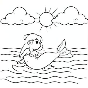 Một Ariel duyên dáng bơi giữa những con sóng nhẹ nhàng và mặt trời tỏa sáng. Những đám mây mịn lười biếng trôi dạt trên bầu trời phía trên. Cô ấy được đặt ở vị trí trung tâm trong khung hình, hình dáng của cô ấy được phác thảo bằng những đường nét rõ ràng, đậm gợi nhớ đến kính màu. Nền được giữ tối giản, tập trung sự chú ý vào vóc dáng thanh lịch và khung cảnh yên bình của cô ấy. Một bố cục đơn giản, cân bằng tạo ra một hình ảnh êm dịu và hấp dẫn., trang màu, nghệ thuật đường nét, nền trắng