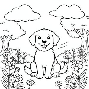 Một chú chó hạnh phúc ngồi trong một khu vườn đầy nắng. Những đám mây mịn lơ lửng trên bầu trời phía trên. Những bông hoa đơn giản nở xung quanh, và một làn gió nhẹ xào xạc qua lá cây gần đó. được phác thảo bằng những đường nét rõ ràng, đậm, hoàn hảo để tô màu., tô màu, nghệ thuật đường nét, nền trắng