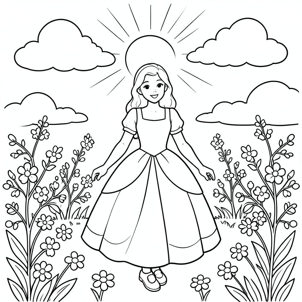 Một Bạch Tuyết vui vẻ đứng trong một khu vườn nở hoa. Những đường cong nhẹ nhàng xác định hình dáng của cô ấy, được phác thảo theo phong cách kính màu, sạch sẽ. Những đám mây mịn màng trôi trên bầu trời đầy nắng phía trên. Những hình dạng hoa đơn giản rải rác trên mặt đất xung quanh cô ấy, tạo ra một khung cảnh cân bằng và hấp dẫn. Tập trung vào tô màu cho dáng người độc thân, duyên dáng và môi trường yên bình., tô màu, nghệ thuật đường nét, nền trắng