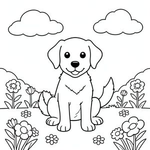 Một chú chó hạnh phúc ngồi trong một khu vườn đầy nắng. Những đám mây mịn lơ lửng trên bầu trời phía trên. đang quay mặt về phía trước, vẫy đuôi nhẹ nhàng. Những hình dạng hoa đơn giản rải rác trên mặt đất xung quanh nó. Các đường nét sạch sẽ xác định hình dạng của và các hình dạng cơ bản của khu vườn. Bố cục cân bằng, với chú chó ở giữa và các yếu tố được sắp xếp đối xứng., trang màu, nghệ thuật đường nét, nền trắng