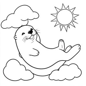 Một con rái cá tinh nghịch trôi nổi trên lưng giữa những đám mây mịn màng và ánh nắng dịu dàng. Bàn chân của nó được giơ lên một cách tinh nghịch, và một cái đuôi cong duy nhất đi theo phía sau. Các đường nét sạch sẽ xác định hình thức của nó, sẵn sàng để tô màu. Một bố cục đơn giản, cân bằng nhấn mạnh tư thế vui vẻ của rái cá., trang màu, nghệ thuật đường nét, nền trắng