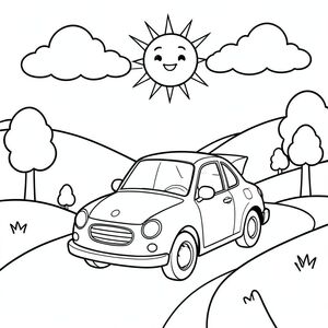 A cheerful car cruises along a winding road. Fluffy clouds drift in a   sky above, and a smiling sun peeks from behind them. Gentle rolling hills form the backdrop, dotted with simple, stylized trees. The car has one clearly defined head, a single body, and one tail fin. The interior of the car is white. Clean lines define the shape of the car and the surrounding landscape. The composition is balanced, with the car positioned slightly off-center to create visual interest., coloring page, line art, white background