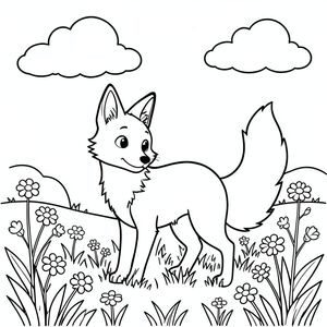 A playful fox stands in a sunny meadow. Fluffy clouds drift in a   sky above. Wildflowers dot the  grass around the fox's paws. The fox is looking forward with a curious expression. Its bushy tail curves gently behind it. Simple lines define the fox and the landscape, creating a cheerful and inviting scene for coloring., coloring page, line art, white background