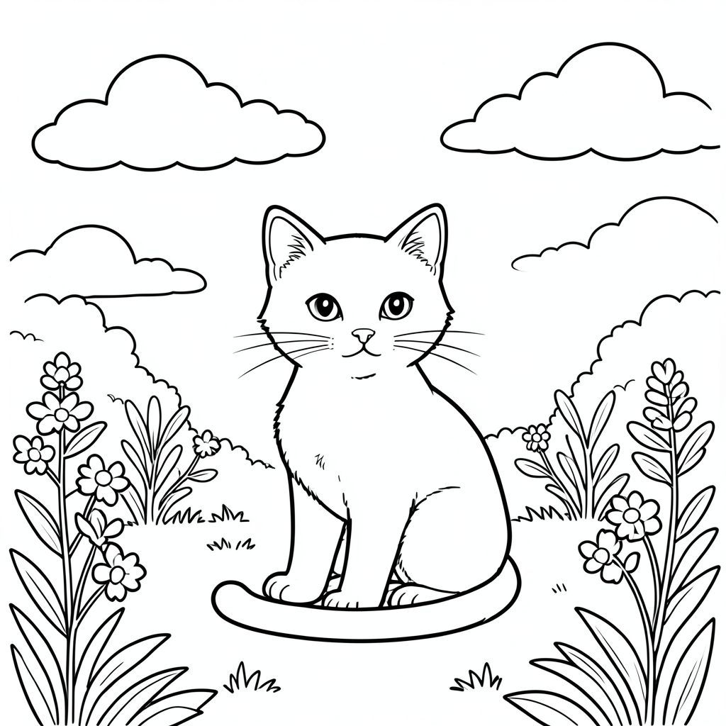 A curious cat sits calmly in a sunlit garden. Gentle clouds drift above. The cat is depicted with precise anatomical detail as a scientific illustration, showcasing its form with clean lines. Focus on the single cat and the simple, peaceful environment., coloring page, line art, white background
