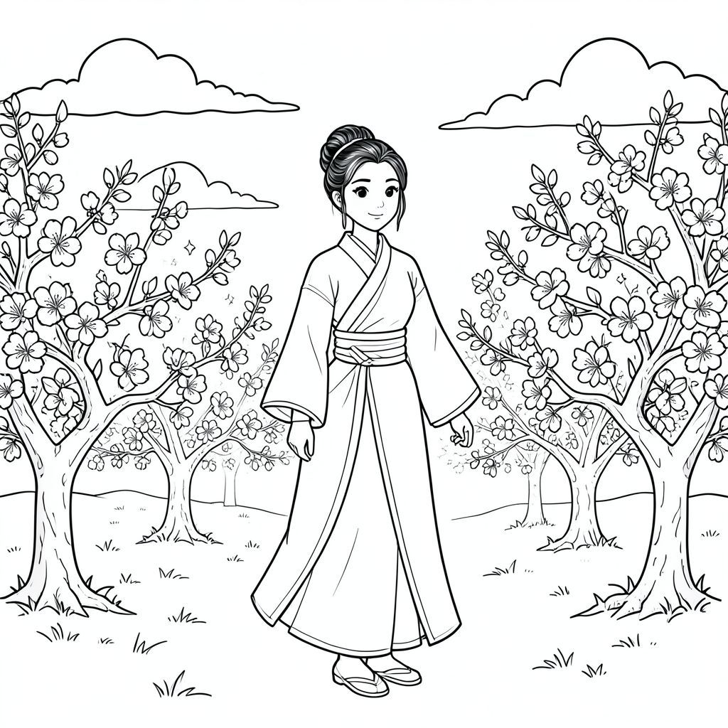 A serene coloring  featuring Mulan standing in a blossoming peach orchard. Gentle clouds drift across a  sunlit sky. Mulan is depicted in a classic pose, embodying strength and grace. Focus on the delicate details of her clothing and hair. The peach blossoms frame her form, creating a balanced and peaceful composition., coloring page, line art, white background