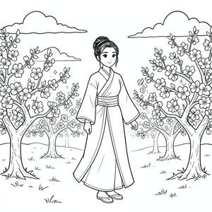 A serene coloring  featuring Mulan standing in a blossoming peach orchard. Gentle clouds drift across a  sunlit sky. Mulan is depicted in a classic pose, embodying strength and grace. Focus on the delicate details of her clothing and hair. The peach blossoms frame her form, creating a balanced and peaceful composition., coloring page, line art, white background