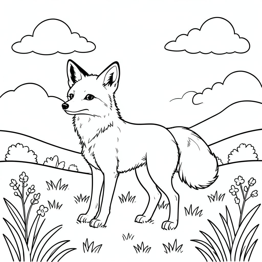 A detailed line drawing of a single fox stands in a sun-dappled meadow. Gentle rolling hills and a few fluffy clouds form the backdrop. The fox is depicted with careful attention to anatomical detail – one head, one body, one bushy tail – in a classic storybook style. Clean lines define its form, creating a clear and inviting image for coloring. The composition is balanced, with the fox positioned comfortably within the scene., coloring page, line art, white background