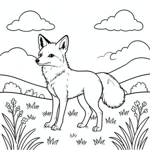 A detailed line drawing of a single fox stands in a sun-dappled meadow. Gentle rolling hills and a few fluffy clouds form the backdrop. The fox is depicted with careful attention to anatomical detail – one head, one body, one bushy tail – in a classic storybook style. Clean lines define its form, creating a clear and inviting image for coloring. The composition is balanced, with the fox positioned comfortably within the scene., coloring page, line art, white background
