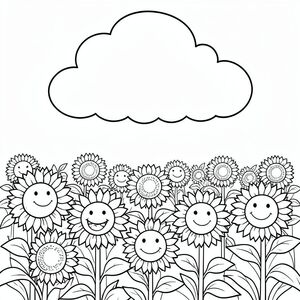 A wide field of smiling sunflowers under a big fluffy cloud