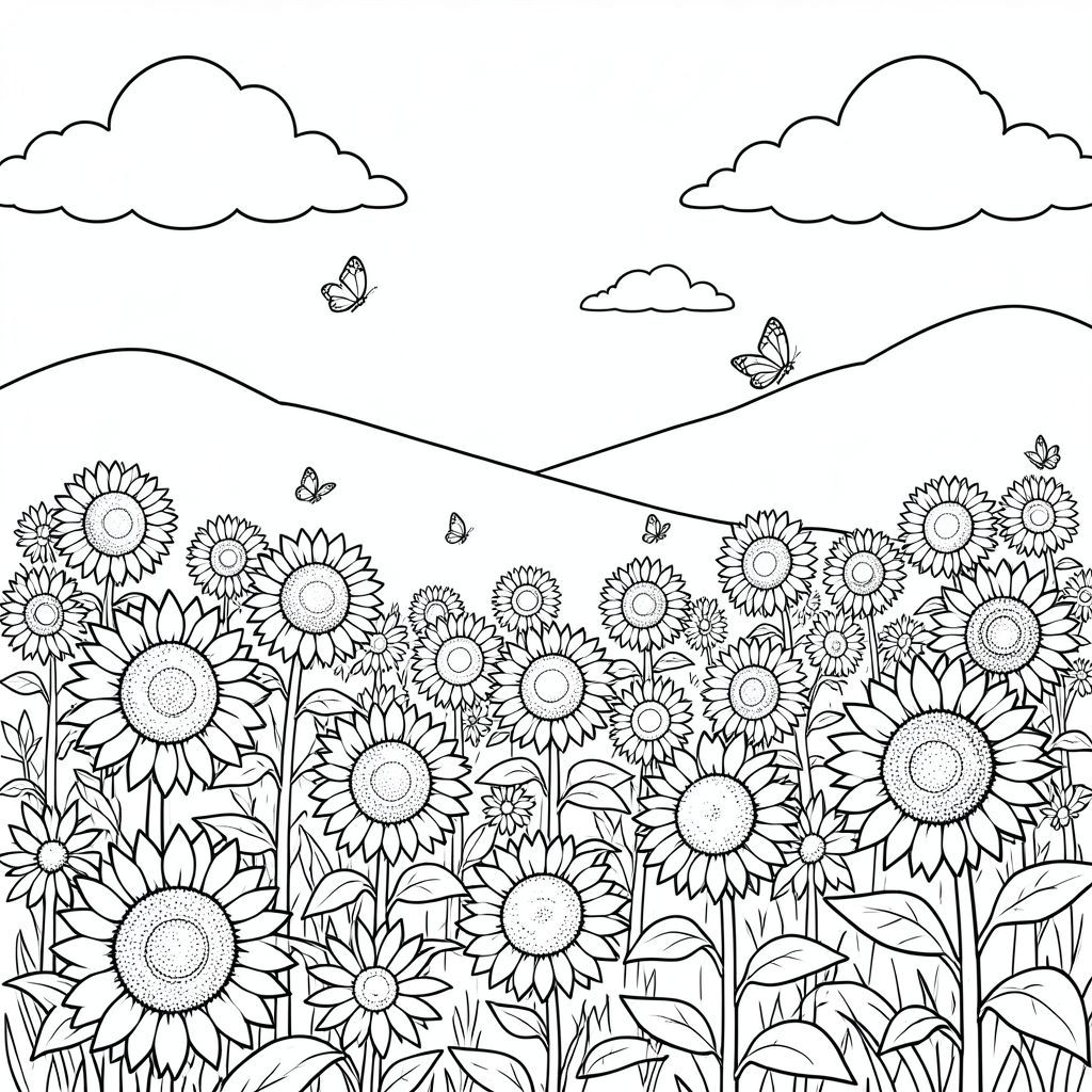 A wide-open meadow completely covered in large sunflowers of different heights, butterflies flying between them, fluffy clouds filling the sky, rolling hills in the background-full page scene- black and white line art, coloring book page for kids, thick clean outlines, simple shapes, large open spaces, no shading, no grayscale, white background 