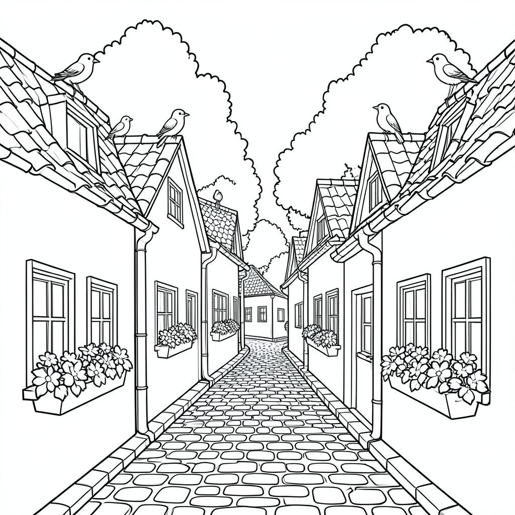 A narrow cobblestone street winding between small european-style houses with tiled roofs, flower boxes under every window, birds sitting on rooftops, trees rising behind houses