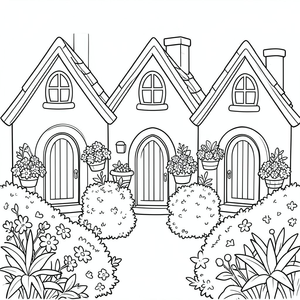 three cozy cottages close together with arched doors, curved windows, flower baskets overflowing with blooms, bushes and plants filling foreground