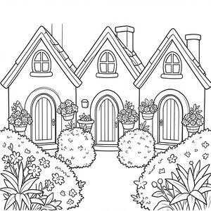 three cozy cottages close together with arched doors, curved windows, flower baskets overflowing with blooms, bushes and plants filling foreground